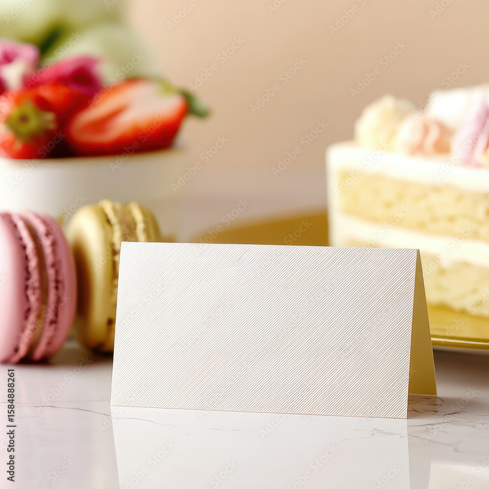 Poster blank menu mockup card on marble table with macarons and cake in background for elegant dessert pres