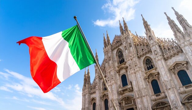 The national flag of Italy waving proudly with the majestic Duomo di Milano in the background, showcasing the iconic green, white, and red tricolors against the intricate Gothic architecture and spire
