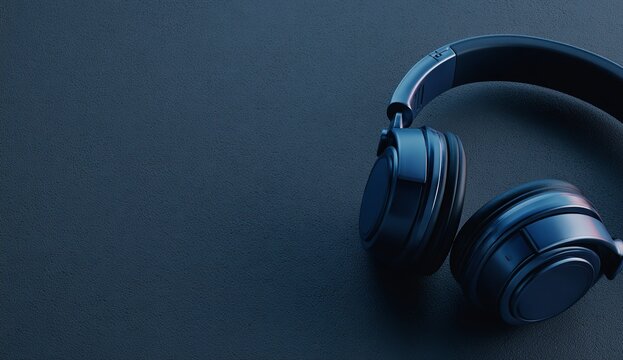 Headphones on a black background with copy space, a banner design. Minimalist style, with neon blue and gray colors.