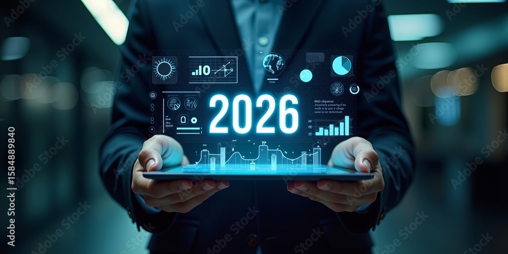 Poster future business trends and digital technology forecast for 2026 with data analytics and innovation i