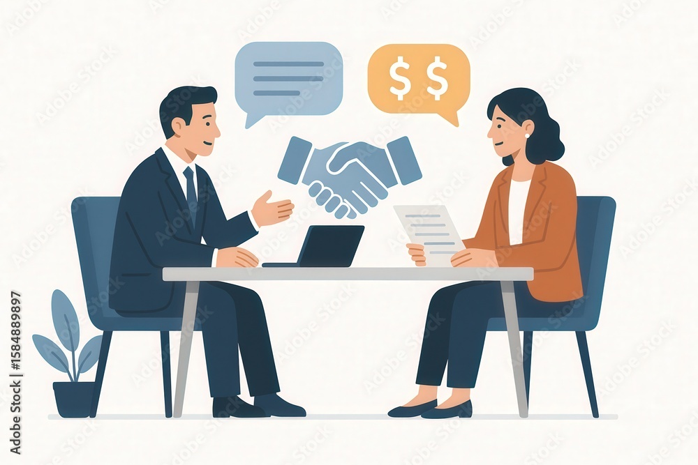 Poster engaging dialogue between two professional individuals negotiating a mutually beneficial agreement w