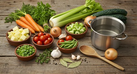Preparing soup ingredients on wooden surface