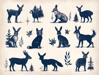 A vintage-style graphic design of various fall creatures on an off-white background, including foxes and rabbits in navy blue ink