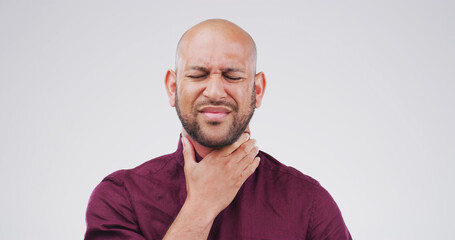Fototapeta premium Medical, sore throat and man in studio with flu, cold or allergies by mockup space for respiratory disease. Illness, asthma and male person with tuberculosis, sick or infection by white background.