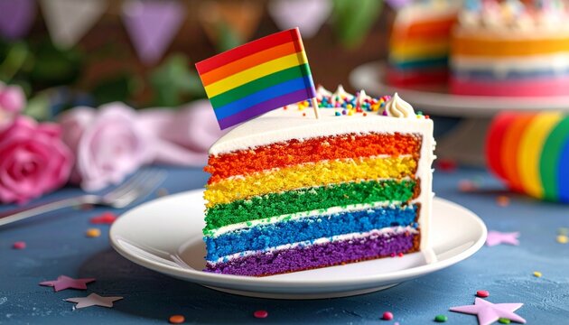 A vibrant slice of rainbow cake topped with white frosting, a miniature pride flag, and surrounded by colorful sprinkles, presented on a white plate in a cozy caf&eacute; setting.
