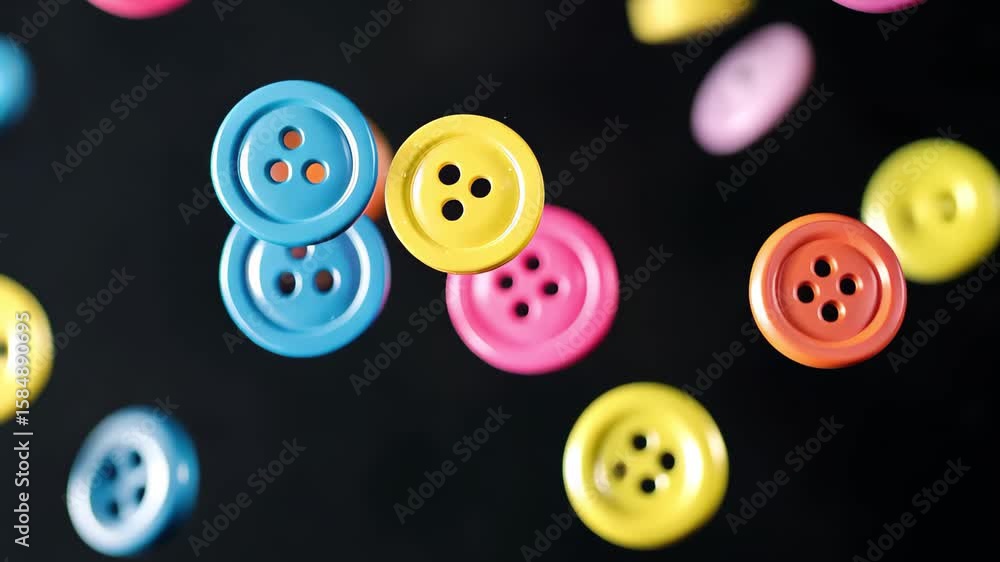 Poster colorful buttons cascading against a black background create a vibrant visual display of shapes and 