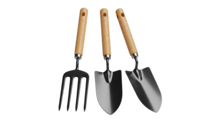 Three gardening hand tools are arranged on a black backdrop showcasing cultivation instruments with wooden handles, transparent background