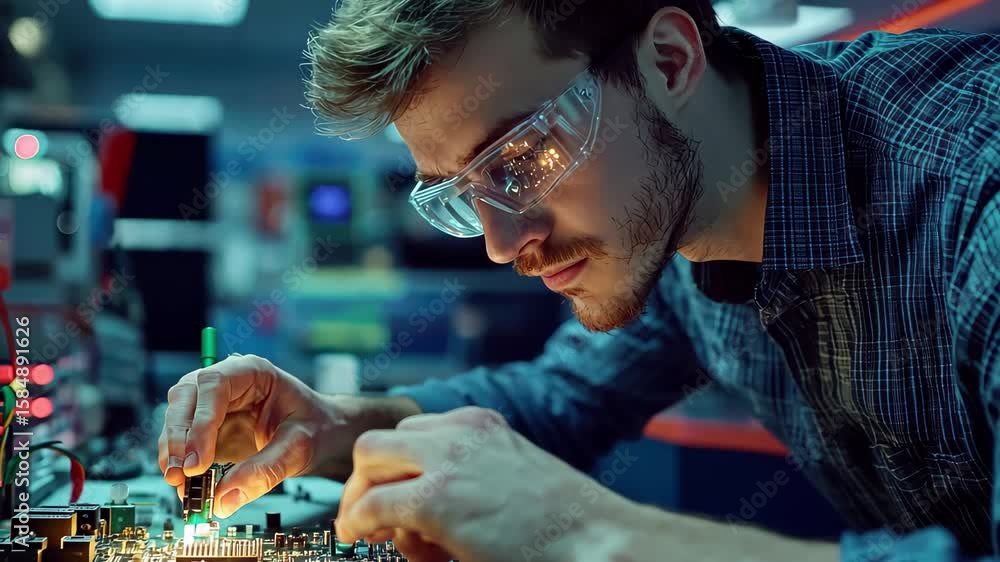 Poster electronics engineer works meticulously on circuit board testing in lab environment, electronics eng