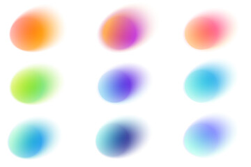 Abstract blurred gradient shapes on white background. Round liquid vector elements with soft gradation. Neon spots with aura. Pastel geometric iridescent set.