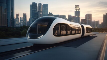 Futuristic train on elevated platform in city