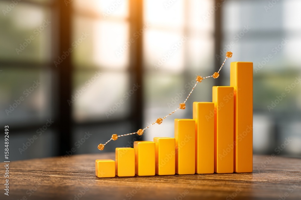 Poster increasing yellow bar graph with data points on wooden surface, blurred background