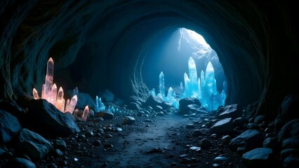 A mystical cave with glowing blue crystals and a pathway leading to a radiant light at the entrance.