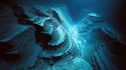 Underwater canyon with cascading blue layers creating a liquid avalanche visible through sonar-like ripples.