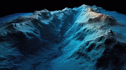 Underwater canyon with cascading blue layers creating a liquid avalanche visible through sonar-like ripples.