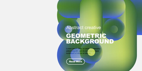 Obraz premium Abstract geometric background features vibrant green, yellow hues. Text includes geometric background, read more button visible. Modern design.