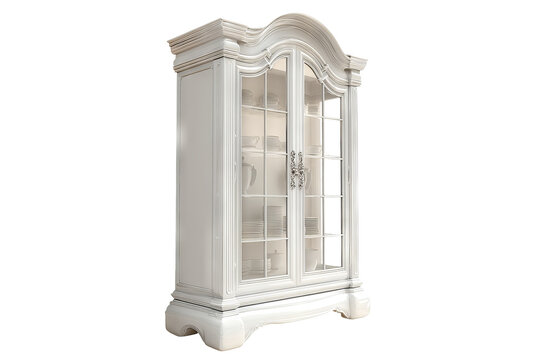 Elegant china cabinet with glass doors and wooden frame, isolated on transparent background in high-resolution PNG format for digital interior design and furniture mockup projects