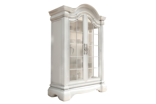 Elegant china cabinet with glass doors and wooden frame, isolated on transparent background in high-resolution PNG format for digital interior design and furniture mockup projects