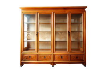 Elegant china cabinet with glass doors and wooden frame, isolated on transparent background in high-resolution PNG format for digital interior design and furniture mockup projects