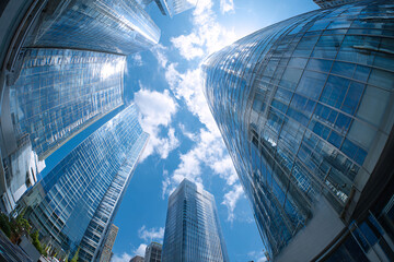 Modern Skyscrapers Reflecting Blue Sky A View of Urban Architecture and City Growth