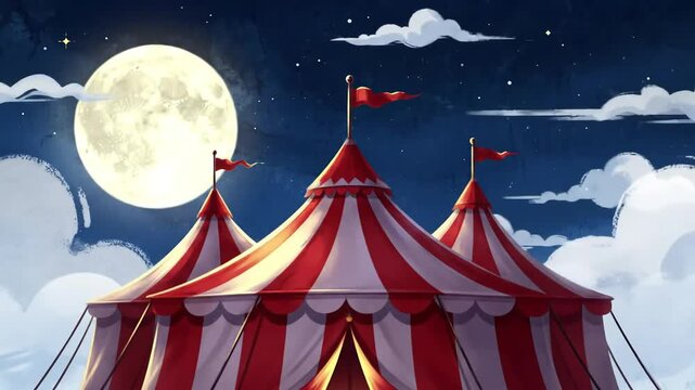 Three striped circus tents under a large full moon, surrounded by white clouds and stars in a dark blue night sky