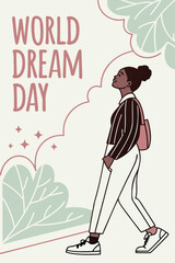 World Dream Day concept illustration with a person looking upwards and natural elements