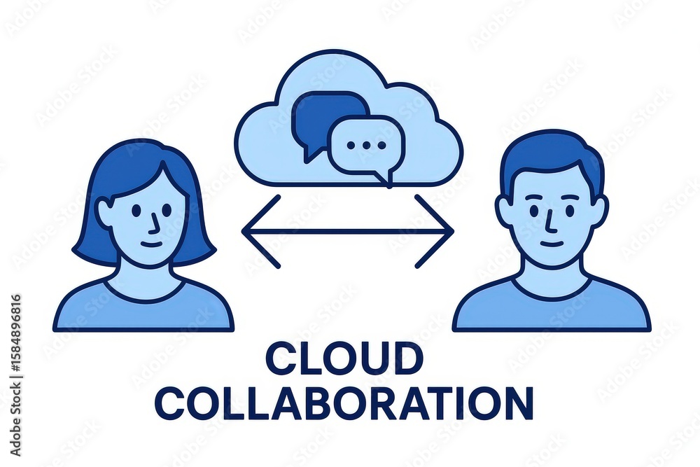 Poster collaborative connections in digital environments showcasing cloud communication between two figures