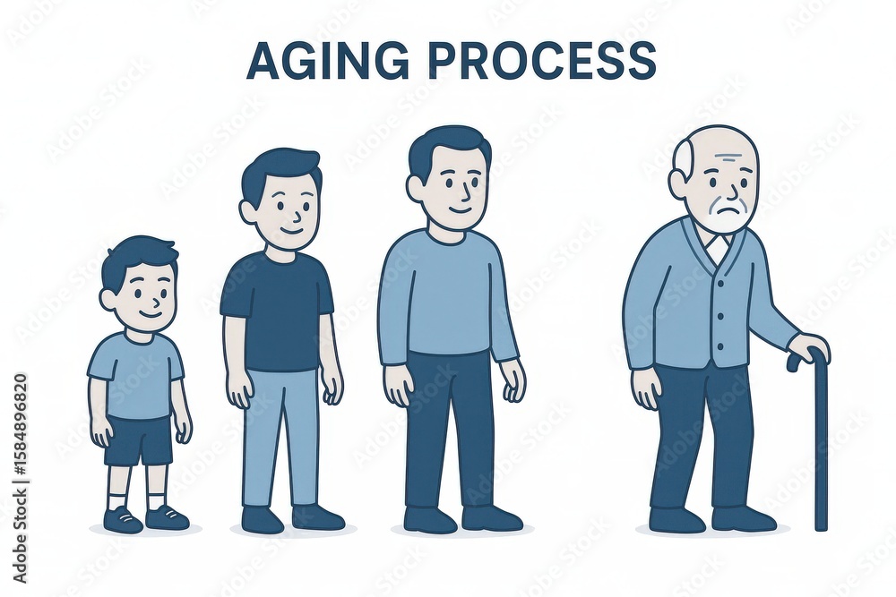 Poster visual representation of the aging process showcasing progressive development from childhood to elde