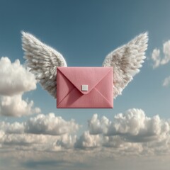 A pink envelope with fluffy white wings floats in a blue sky filled with soft clouds. The design represents creativity and freedom in vinyl art.