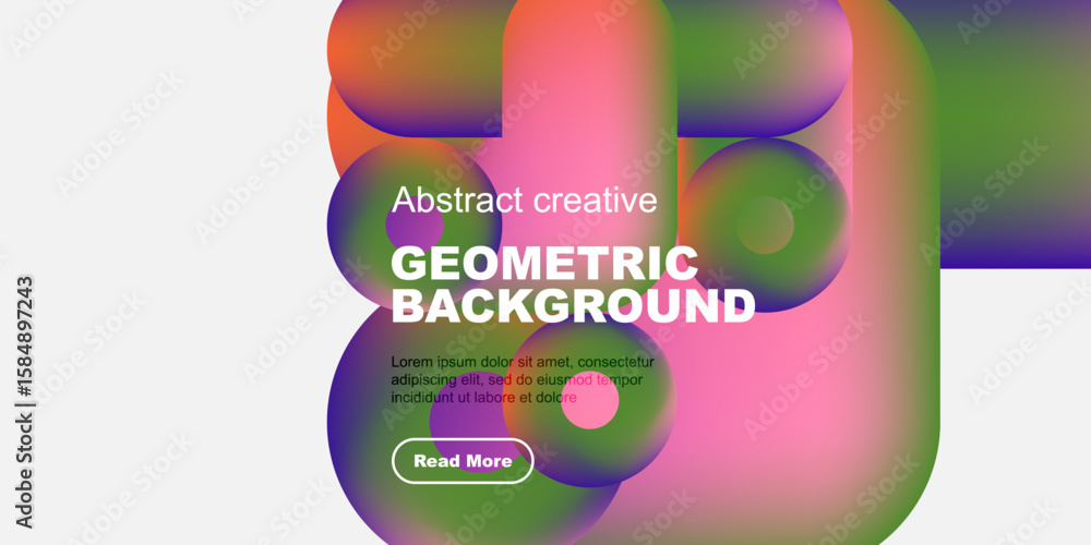 Poster abstract geometric background features vibrant overlapping shapes, text, button. modern design, colo