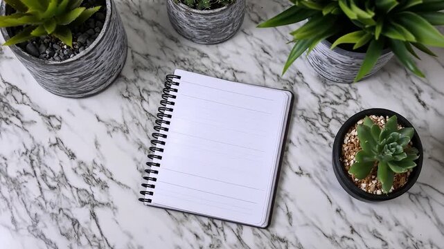 Blank spiral-bound notebook on a marble surface with succulents in pots