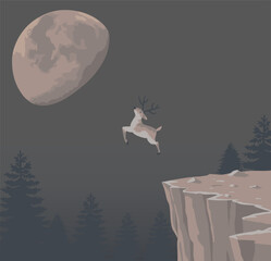A reindeer making a moonbound leap from the cliff's edge