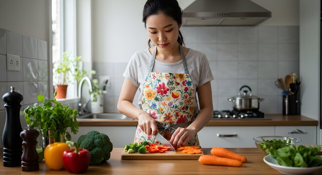 Woman chopping vegetables in kitchen - Powered by Adobe