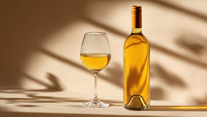 Elegant Still Life White Wine Bottle and Glass with Shadow Patterns for Fine Dining Ambiance