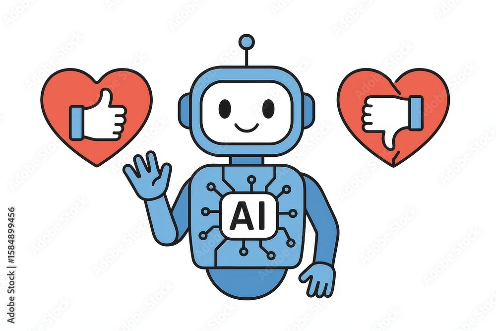 Poster ai generated robot character expressing emotions with thumbs up and thumbs down symbols conveying ha