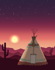 A Native American tipi bathed in sunset light
