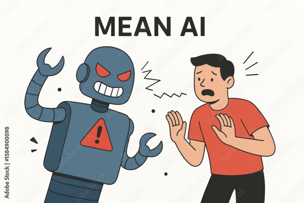 Poster conceptual illustration depicting a fearful man encountering a menacing robot representing the chall