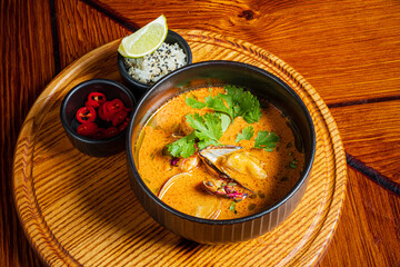 A flavorful seafood soup sits in a bowl, beside lime wedges, chili peppers, and rice