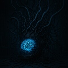 Living Neural Interface Helmet with Writhing Cables Connected to Glowing AI Brain in Dark Laboratory