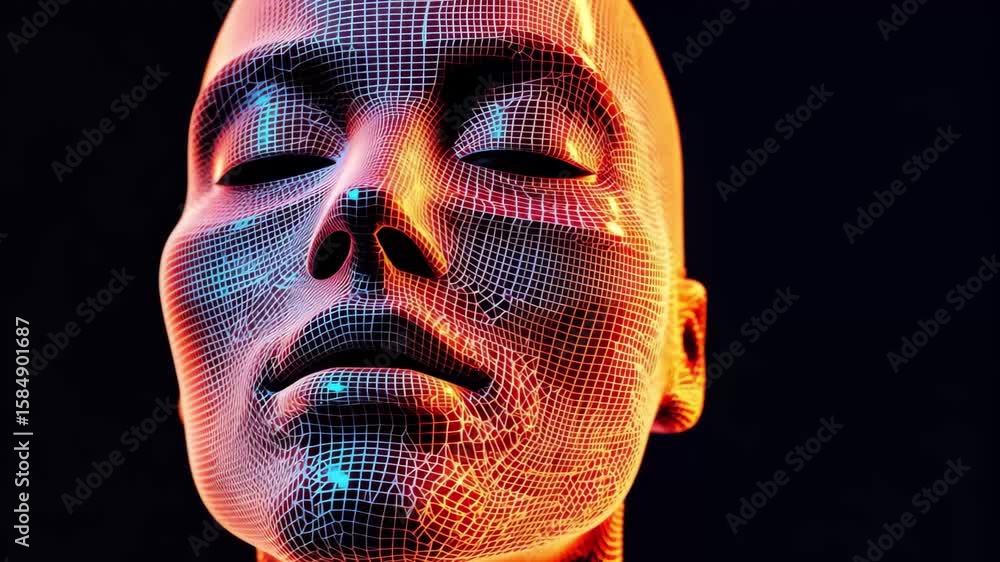 Poster futuristic android face design illuminated by vibrant colors in a science fiction setting, printing 