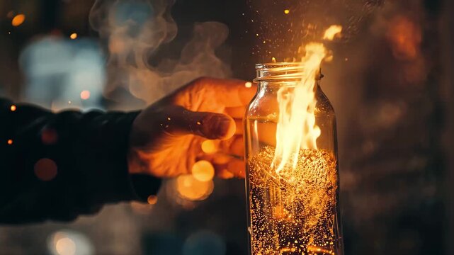 Molotov cocktails ignite with flames and sparks during night protests in urban setting, Molotov Cocktails Are Lit And Thrown At Night