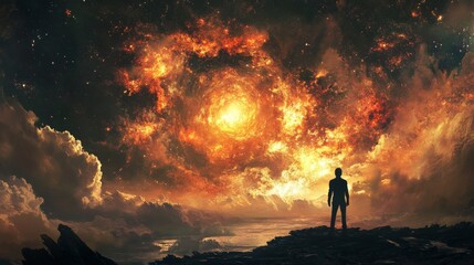 Fototapeta premium A lone figure stands before a fiery celestial vortex, a swirling mass of cosmic energy and light.