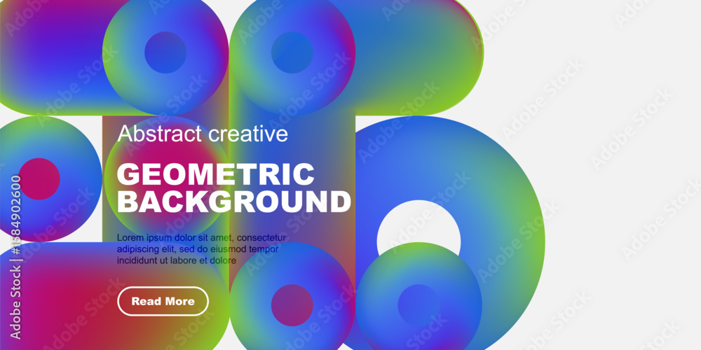 Poster vibrant circles overlap creating abstract geometric design. text block includes title, sample text, 