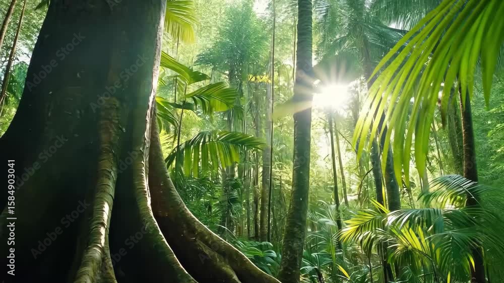 Poster exploring a vibrant jungle forest with extensive tree roots and sunlight filtering through the canop