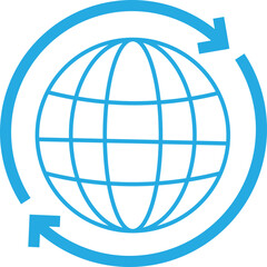 Global web technology symbol , blue earth globe icon with arrows illustrating worldwide internet business and travel design