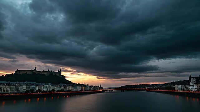 Time lapse captures the stunning beauty of Deutsches Eck in Koblenz, Germany during twilight hours, time lapse of Deutsches Eck in Koblenz, Germany at dusk Dark clouds floating over the city