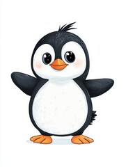 Cute Cartoon Penguin with Big Eyes and Open Arms on Bright White Background