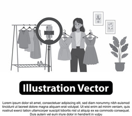 A young woman presents clothing items on hangers during a live online fashion show, using a ring light and smartphone setup.