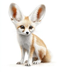 Adorable Fennec Fox with Large Ears and Fluffy Coat Posing Against a White Background