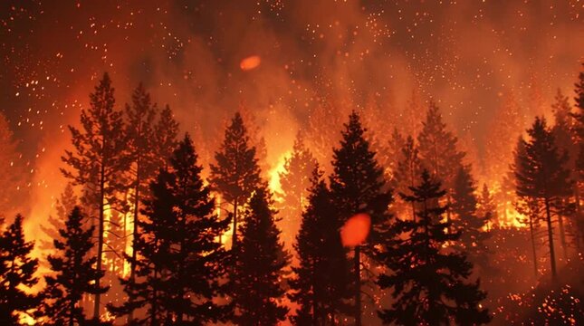 Forest engulfed in flames, with towering trees silhouetted against a fiery sky, showcasing the destructive power of wildfires and the impact on natural landscapes