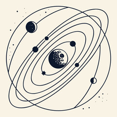 Celestial Orbits: Minimalist Line Art Solar System Illustration, Mystical Space Design, Cosmic Background